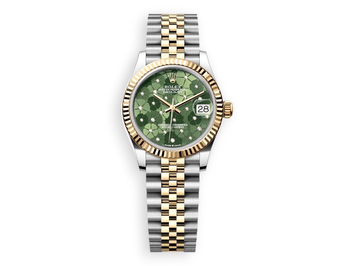 rolex datejust 31 yellow rolesor fluted jubilee green floran watchhub