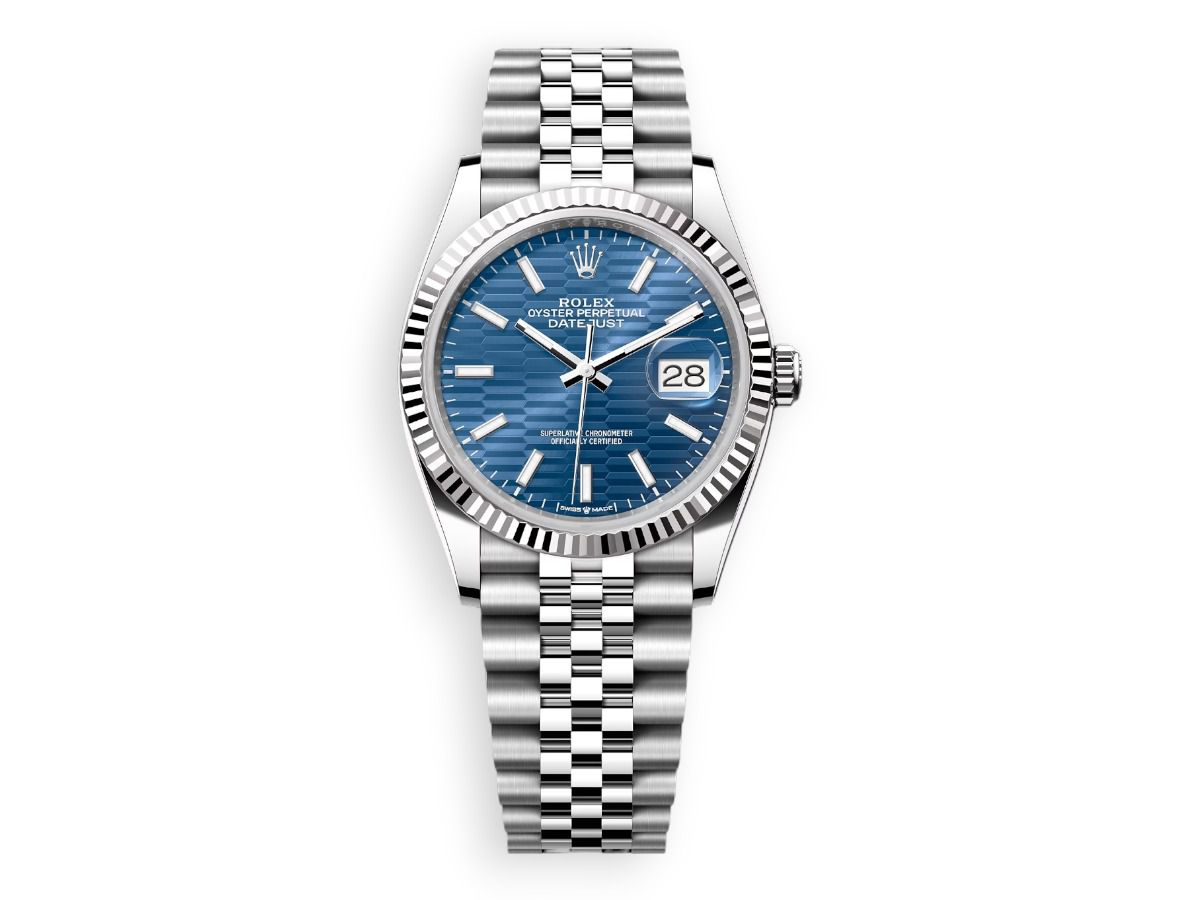rolex datejust 36 white rolesor fluted jubille blued fluted watchhub