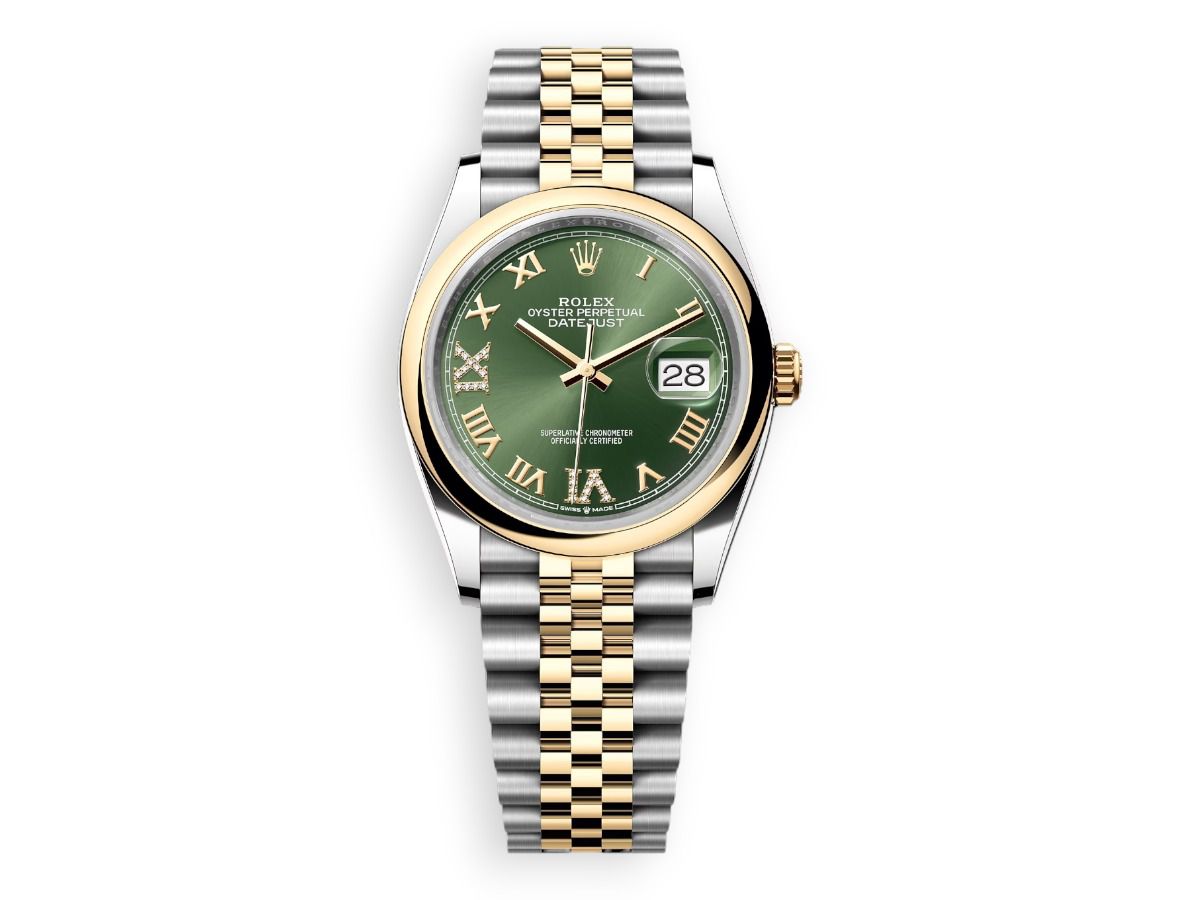 rolex datejust 36 yellow rolesor smooth jubille green gold watchhub