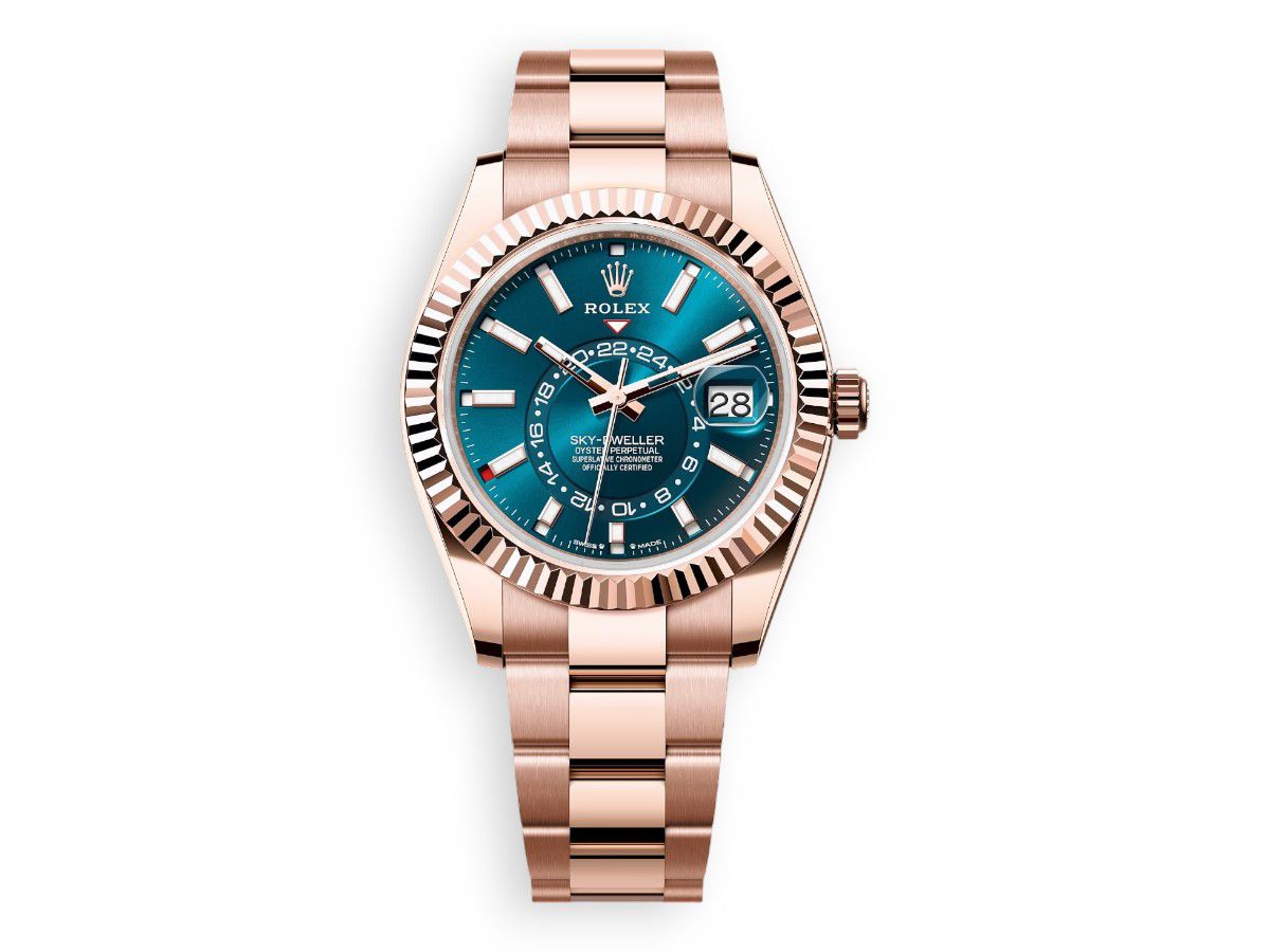 rolex sky dweller everose gold oyster blue green watchhub