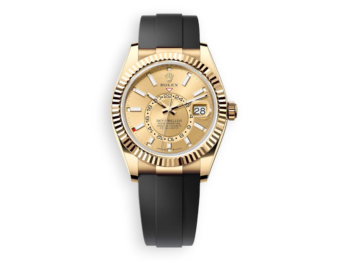 rolex sky dweller yellow gold oysterflex champagne watchhub