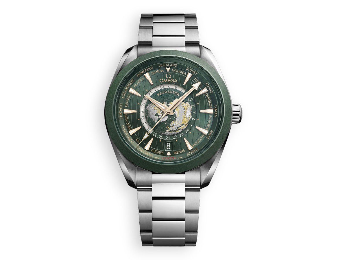 klon omega aqua terra worldtimer green bracelet 220.30.43.22.10.001 watchhub